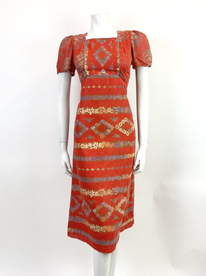 VINTAGE 60s 70s RED PURPLE GREEN FLORAL STRIPED RICRAC BOHO FOLK MIDI DRESS 6