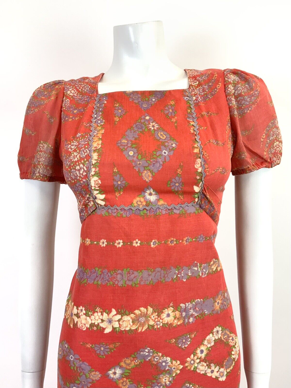 VINTAGE 60s 70s RED PURPLE GREEN FLORAL STRIPED RICRAC BOHO FOLK MIDI DRESS 6