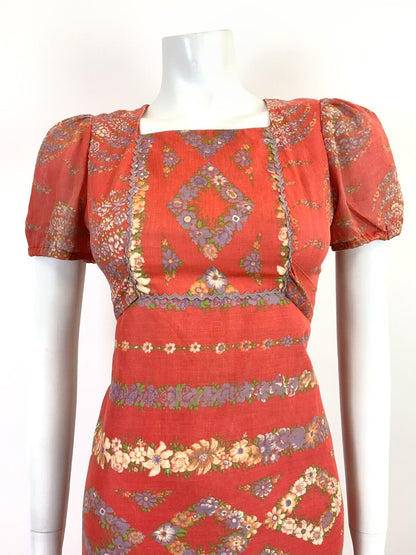 VINTAGE 60s 70s RED PURPLE GREEN FLORAL STRIPED RICRAC BOHO FOLK MIDI DRESS 6