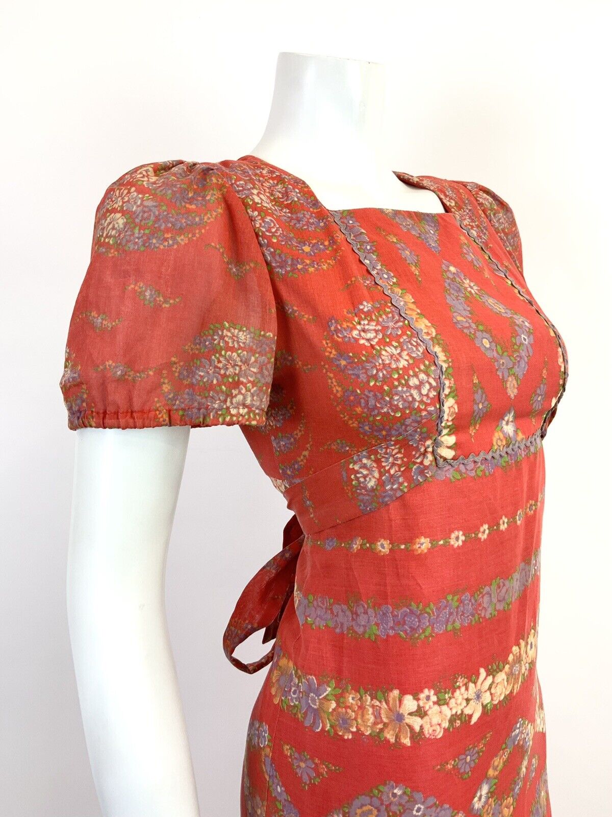 VINTAGE 60s 70s RED PURPLE GREEN FLORAL STRIPED RICRAC BOHO FOLK MIDI DRESS 6