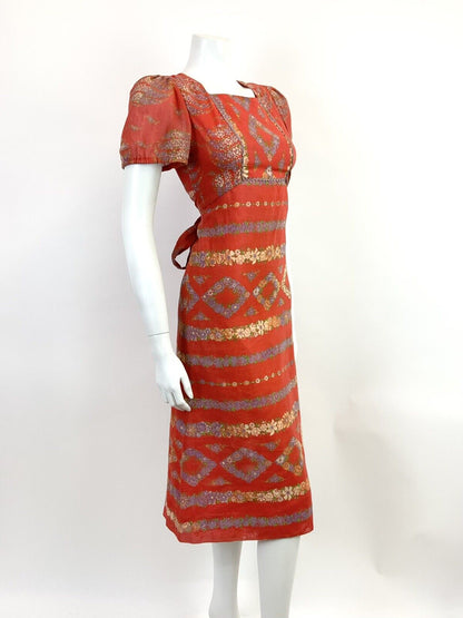 VINTAGE 60s 70s RED PURPLE GREEN FLORAL STRIPED RICRAC BOHO FOLK MIDI DRESS 6