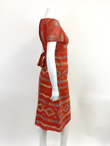 VINTAGE 60s 70s RED PURPLE GREEN FLORAL STRIPED RICRAC BOHO FOLK MIDI DRESS 6