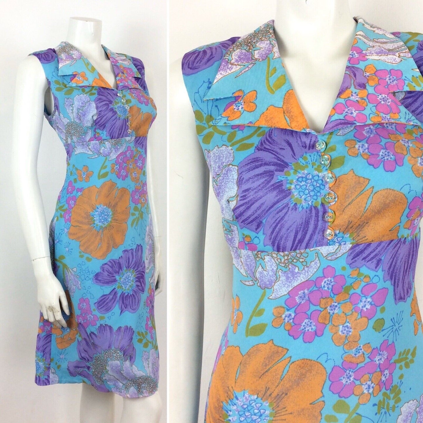 VINTAGE 60s FLORAL SUMMER PSYCHEDLIC DRESS ORANGE PURPLE PINK GREEN 10