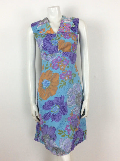 VINTAGE 60s FLORAL SUMMER PSYCHEDLIC DRESS ORANGE PURPLE PINK GREEN 10