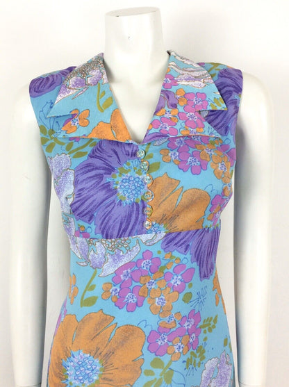VINTAGE 60s FLORAL SUMMER PSYCHEDLIC DRESS ORANGE PURPLE PINK GREEN 10
