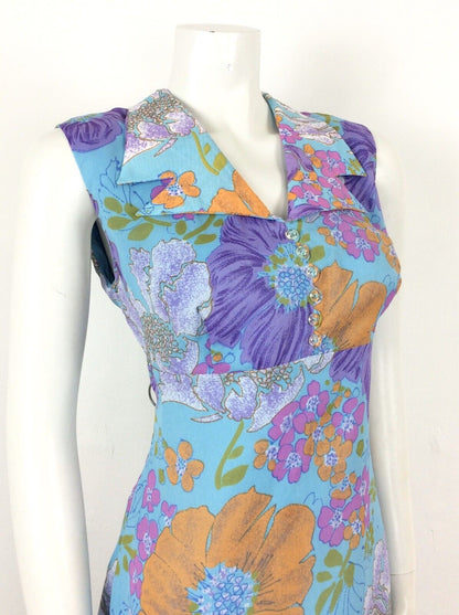 VINTAGE 60s FLORAL SUMMER PSYCHEDLIC DRESS ORANGE PURPLE PINK GREEN 10