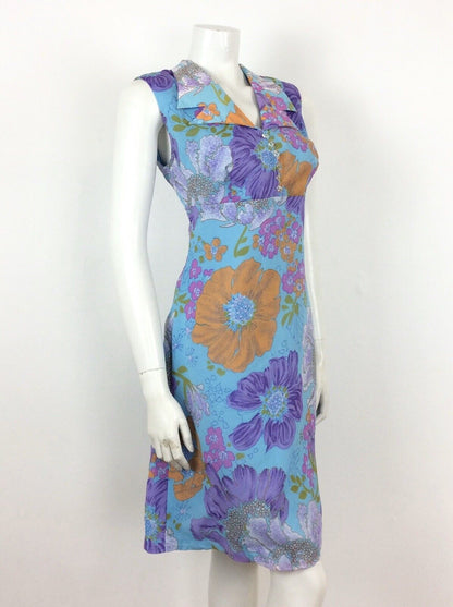 VINTAGE 60s FLORAL SUMMER PSYCHEDLIC DRESS ORANGE PURPLE PINK GREEN 10