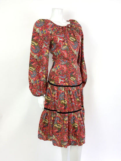 VINTAGE 60s 70s RED BLUE GREEN BLACK PAISLEY FLORAL FOLK BOHO TIERED DRESS 6 8