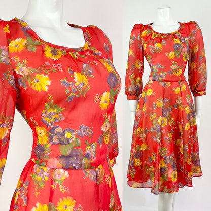 VINTAGE 60s 70s RED YELLOW PURPLE FLORAL SHEER FLOATY SWING TEA DRESS 10 12