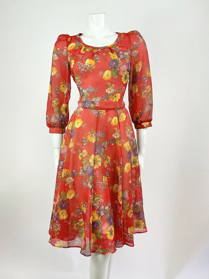 VINTAGE 60s 70s RED YELLOW PURPLE FLORAL SHEER FLOATY SWING TEA DRESS 10 12