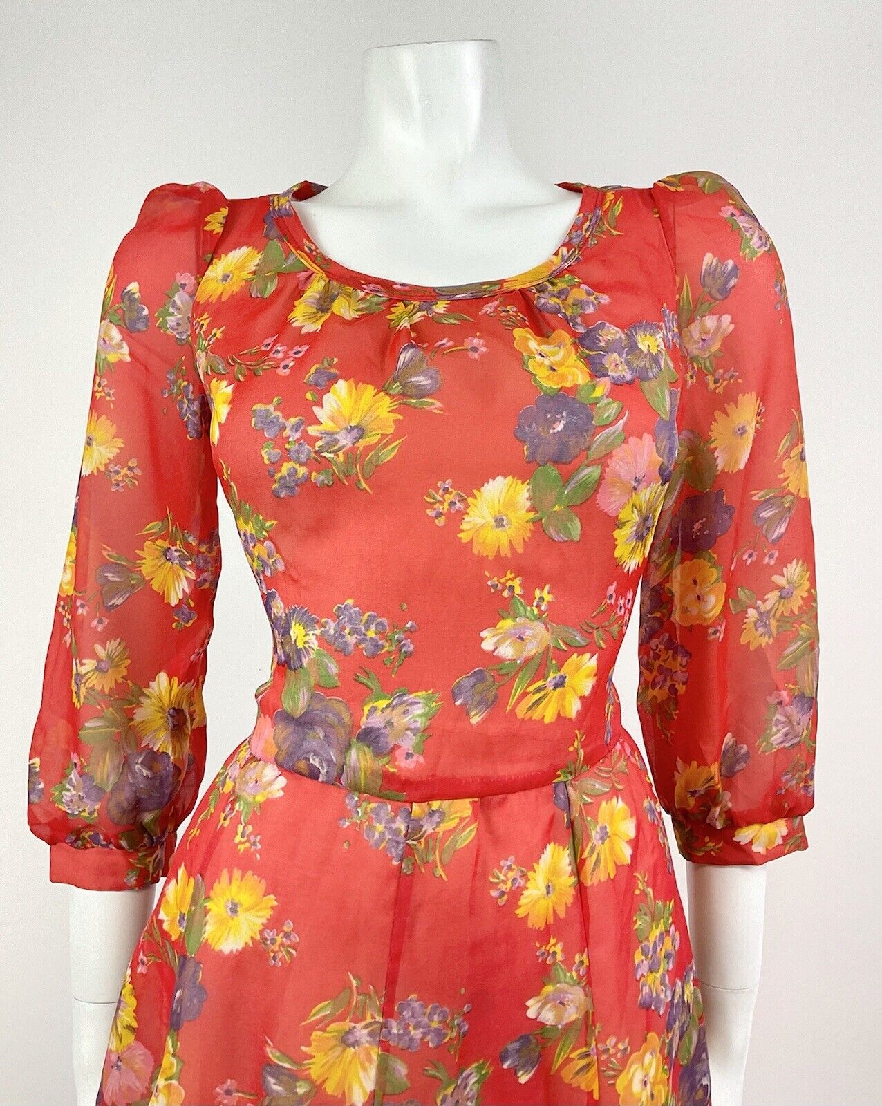 VINTAGE 60s 70s RED YELLOW PURPLE FLORAL SHEER FLOATY SWING TEA DRESS 10 12