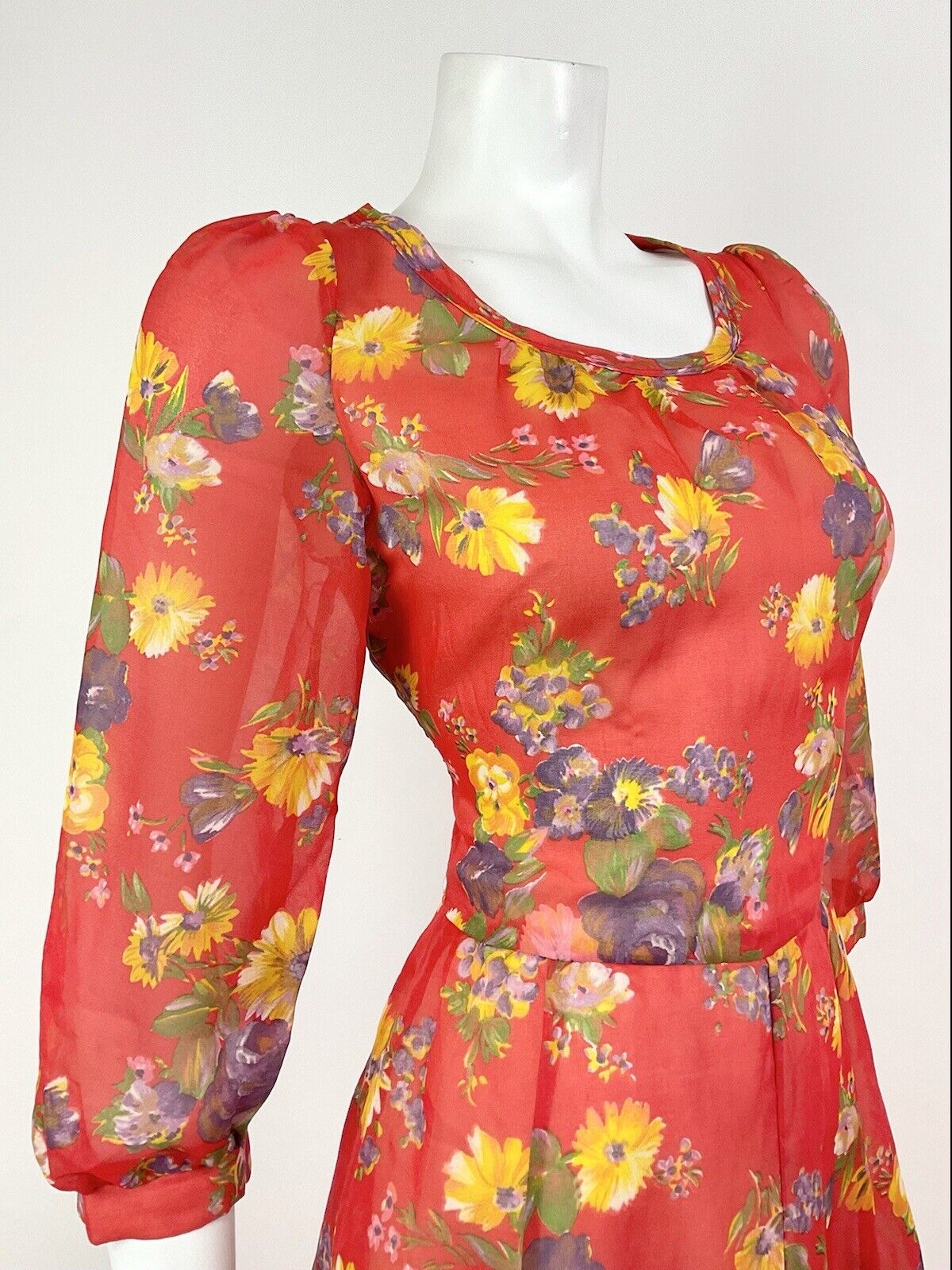 VINTAGE 60s 70s RED YELLOW PURPLE FLORAL SHEER FLOATY SWING TEA DRESS 10 12