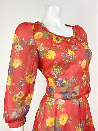 VINTAGE 60s 70s RED YELLOW PURPLE FLORAL SHEER FLOATY SWING TEA DRESS 10 12