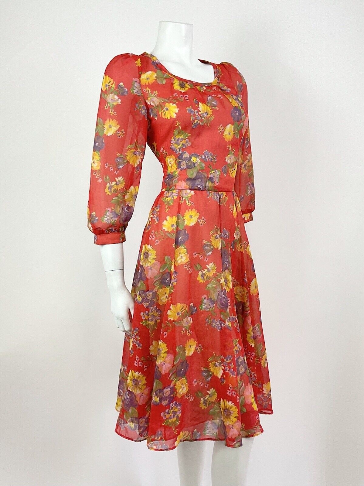 VINTAGE 60s 70s RED YELLOW PURPLE FLORAL SHEER FLOATY SWING TEA DRESS 10 12