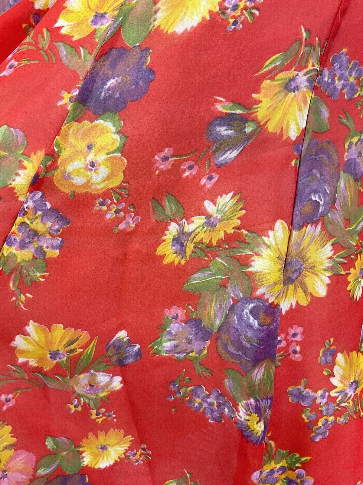 VINTAGE 60s 70s RED YELLOW PURPLE FLORAL SHEER FLOATY SWING TEA DRESS 10 12
