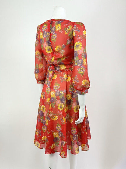 VINTAGE 60s 70s RED YELLOW PURPLE FLORAL SHEER FLOATY SWING TEA DRESS 10 12