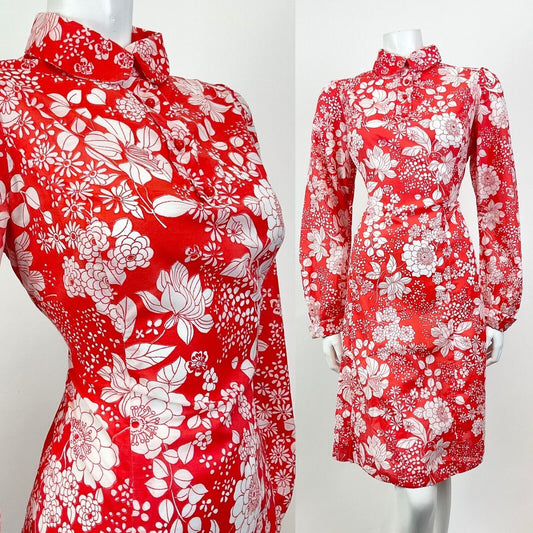 VTG 60s 70s RED WHITE PSYCHEDELIC FLORAL BERRY PETER PAN COLLAR SHIRT DRESS 14