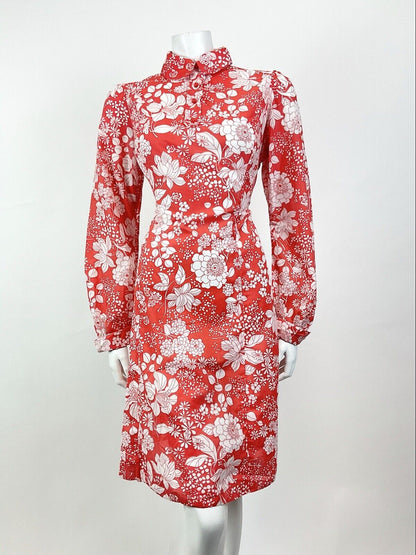 VTG 60s 70s RED WHITE PSYCHEDELIC FLORAL BERRY PETER PAN COLLAR SHIRT DRESS 14