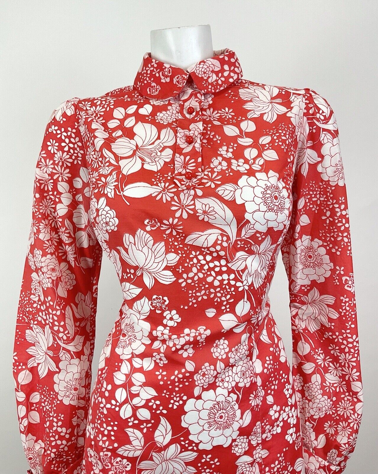 VTG 60s 70s RED WHITE PSYCHEDELIC FLORAL BERRY PETER PAN COLLAR SHIRT DRESS 14