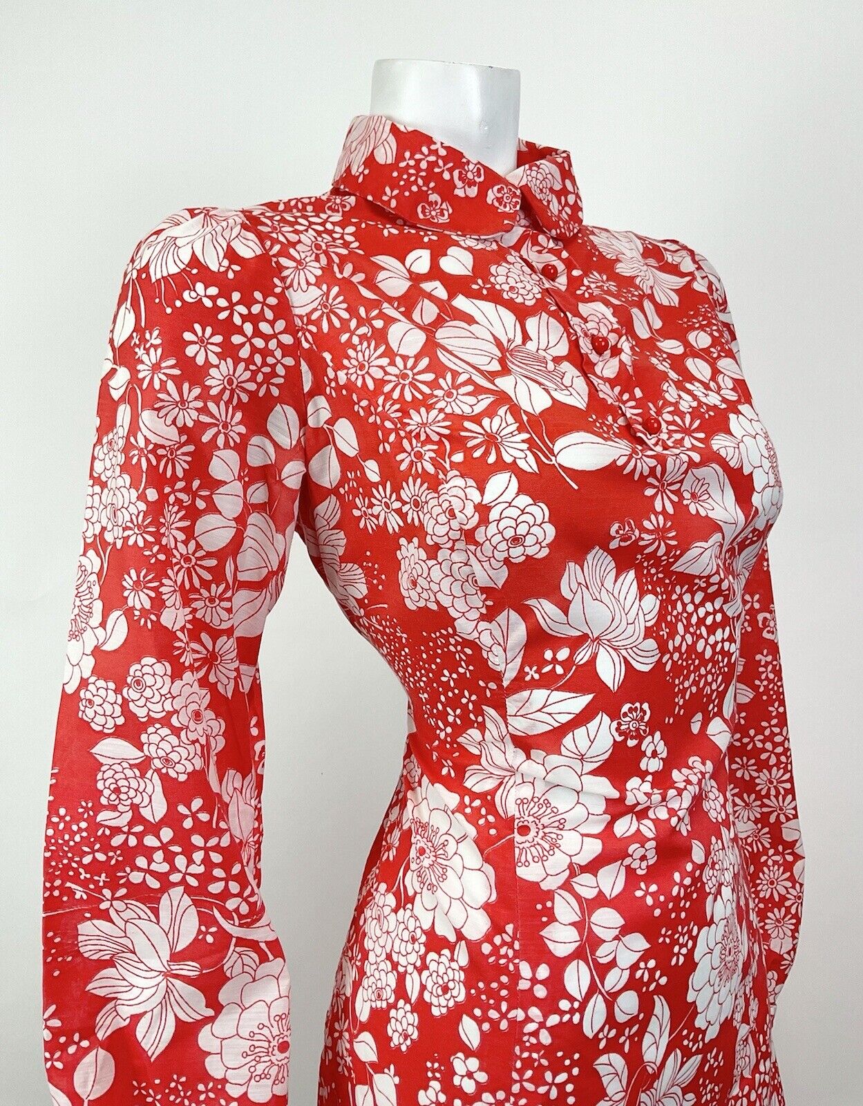 VTG 60s 70s RED WHITE PSYCHEDELIC FLORAL BERRY PETER PAN COLLAR SHIRT DRESS 14