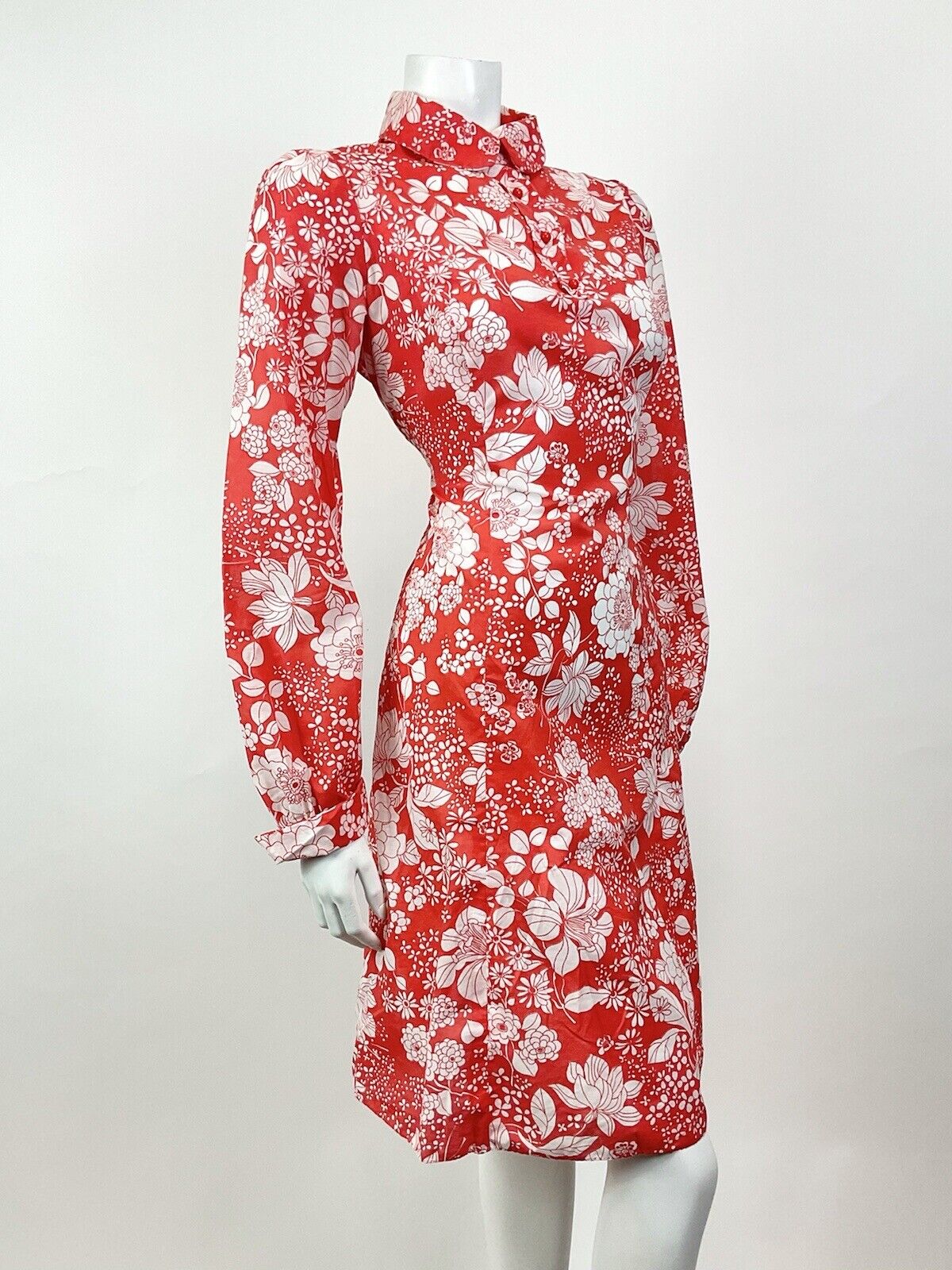 VTG 60s 70s RED WHITE PSYCHEDELIC FLORAL BERRY PETER PAN COLLAR SHIRT DRESS 14