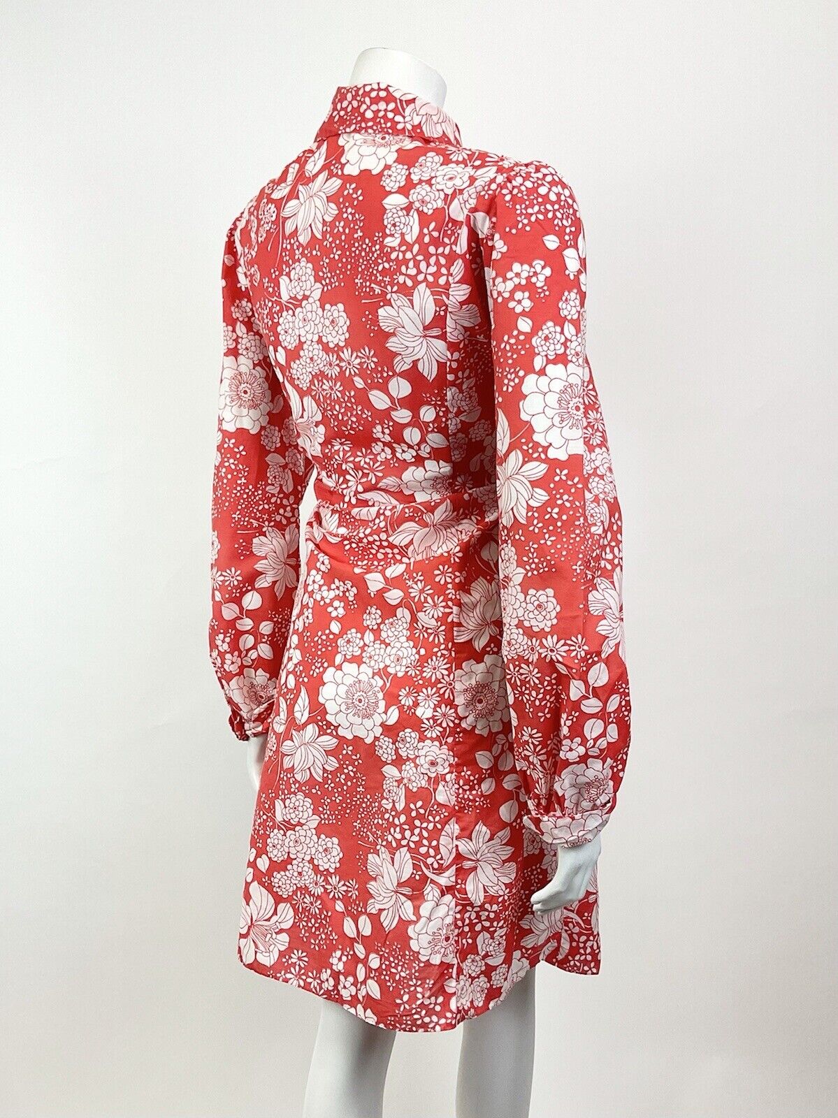 VTG 60s 70s RED WHITE PSYCHEDELIC FLORAL BERRY PETER PAN COLLAR SHIRT DRESS 14