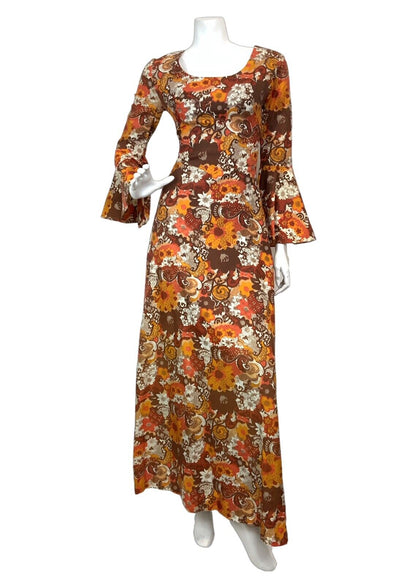 VTG 60s 70s ORANGE BROWN RED PSYCHEDELIC FLORAL BOHO MOD FLOUNCE MAXI DRESS 8 10