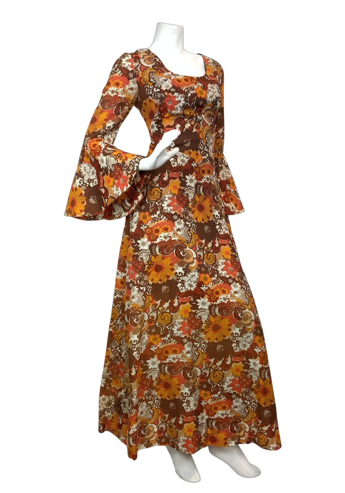 VTG 60s 70s ORANGE BROWN RED PSYCHEDELIC FLORAL BOHO MOD FLOUNCE MAXI DRESS 8 10