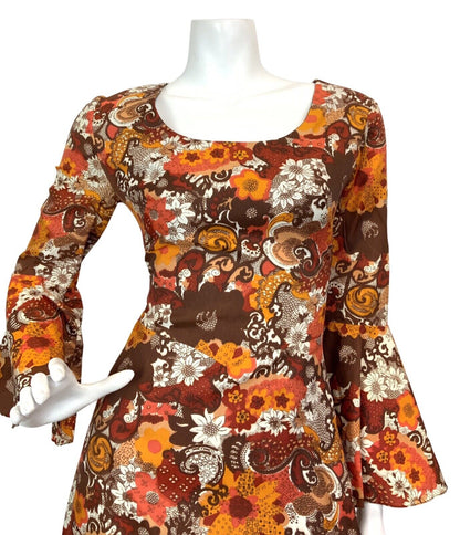 VTG 60s 70s ORANGE BROWN RED PSYCHEDELIC FLORAL BOHO MOD FLOUNCE MAXI DRESS 8 10