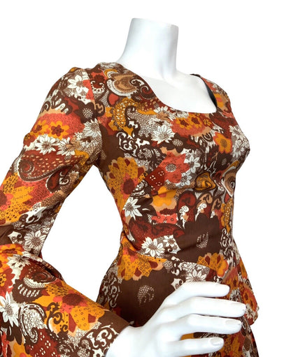 VTG 60s 70s ORANGE BROWN RED PSYCHEDELIC FLORAL BOHO MOD FLOUNCE MAXI DRESS 8 10