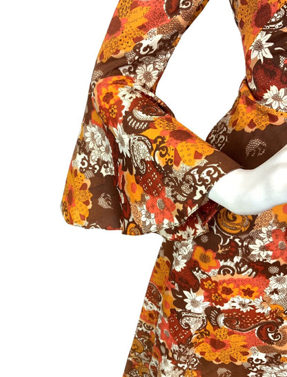 VTG 60s 70s ORANGE BROWN RED PSYCHEDELIC FLORAL BOHO MOD FLOUNCE MAXI DRESS 8 10