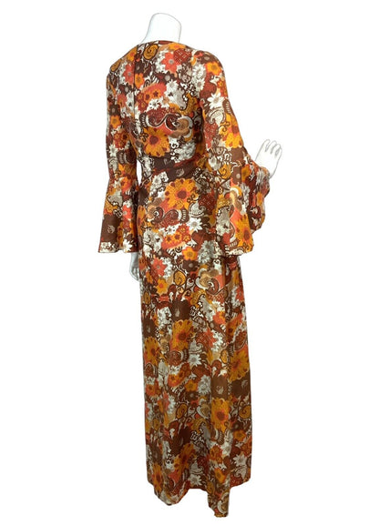 VTG 60s 70s ORANGE BROWN RED PSYCHEDELIC FLORAL BOHO MOD FLOUNCE MAXI DRESS 8 10
