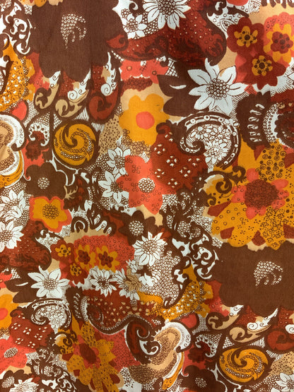 VTG 60s 70s ORANGE BROWN RED PSYCHEDELIC FLORAL BOHO MOD FLOUNCE MAXI DRESS 8 10
