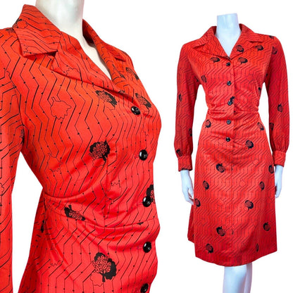 VINTAGE 60s 70s RED BLACK ZIG-ZAG TREE LEAFY MOD DAGGER SHIRT DRESS 14 16