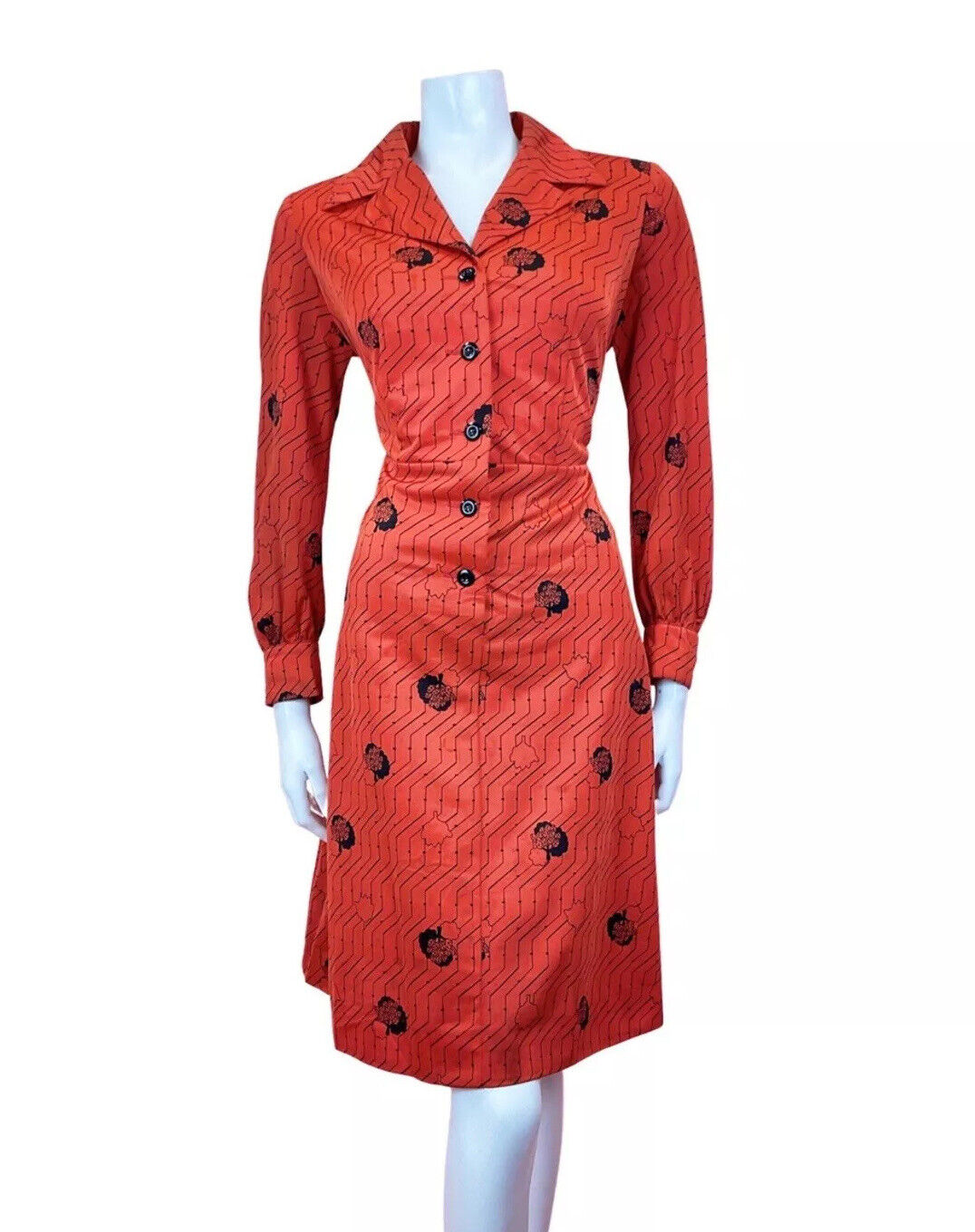 VINTAGE 60s 70s RED BLACK ZIG-ZAG TREE LEAFY MOD DAGGER SHIRT DRESS 14 16