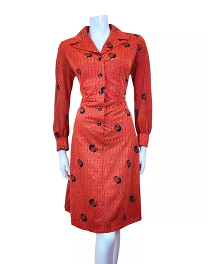 VINTAGE 60s 70s RED BLACK ZIG-ZAG TREE LEAFY MOD DAGGER SHIRT DRESS 14 16