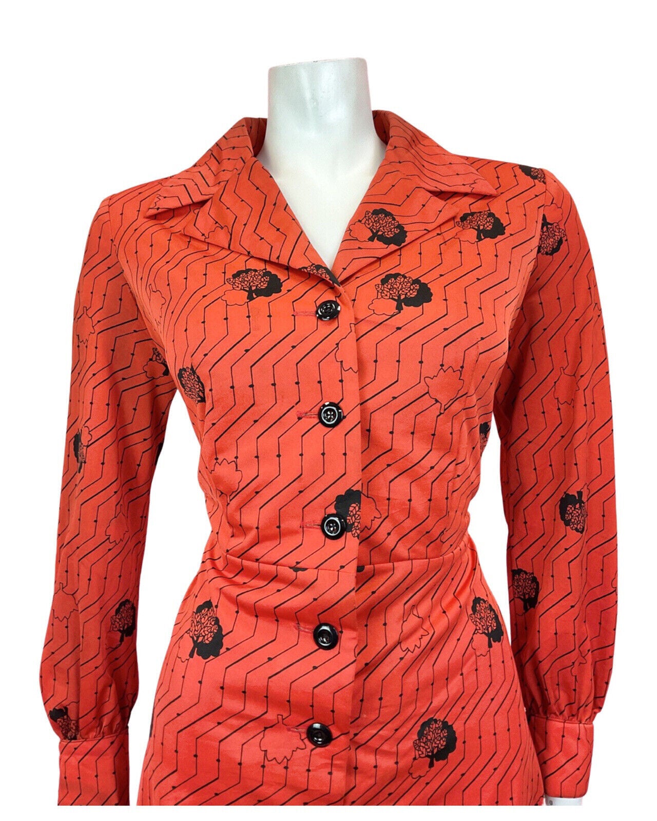 VINTAGE 60s 70s RED BLACK ZIG-ZAG TREE LEAFY MOD DAGGER SHIRT DRESS 14 16