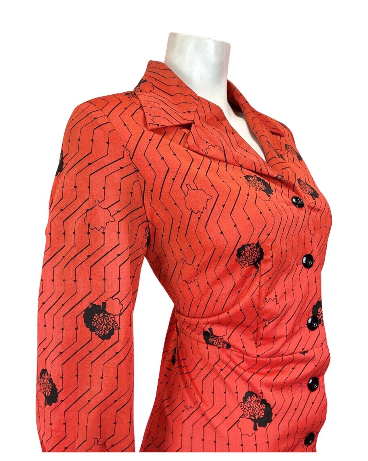VINTAGE 60s 70s RED BLACK ZIG-ZAG TREE LEAFY MOD DAGGER SHIRT DRESS 14 16