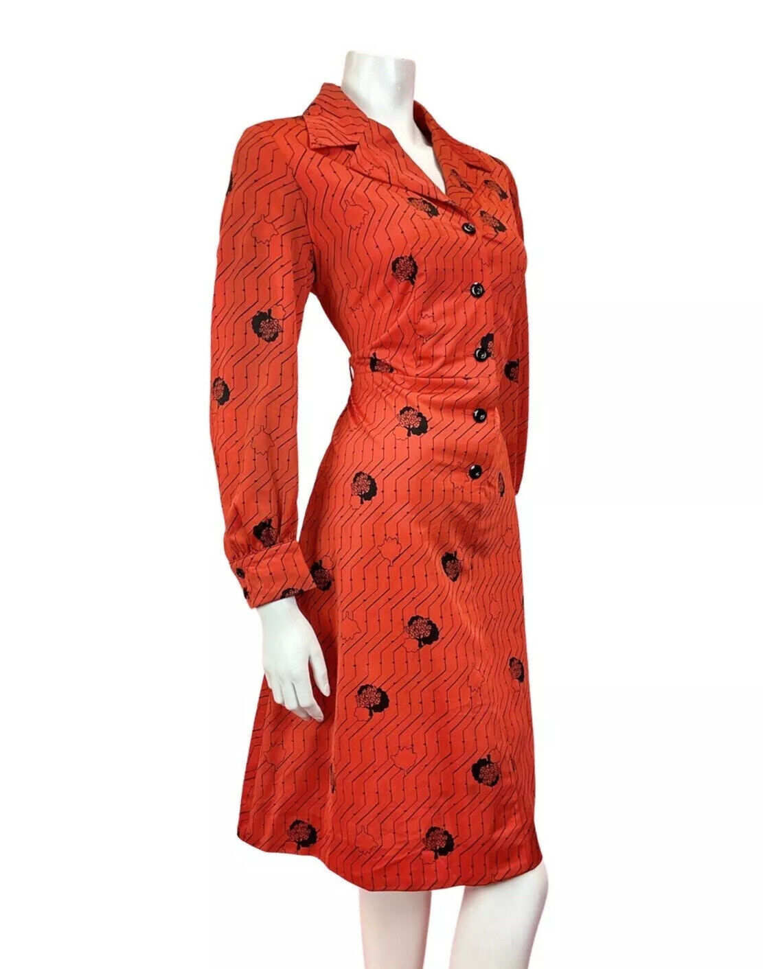 VINTAGE 60s 70s RED BLACK ZIG-ZAG TREE LEAFY MOD DAGGER SHIRT DRESS 14 16