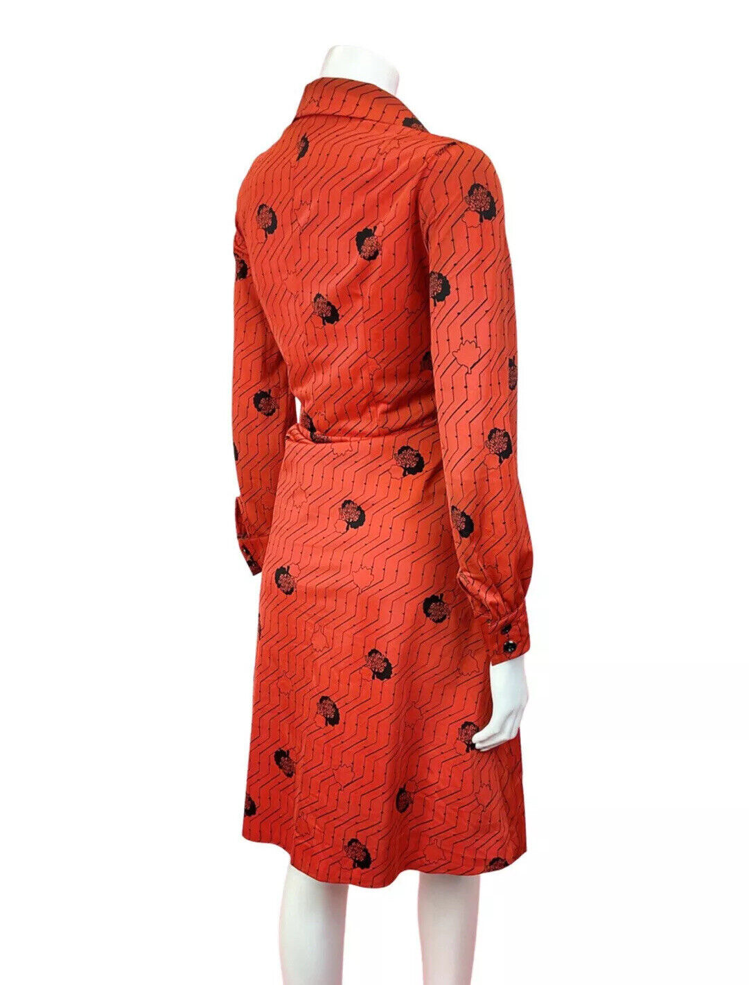 VINTAGE 60s 70s RED BLACK ZIG-ZAG TREE LEAFY MOD DAGGER SHIRT DRESS 14 16