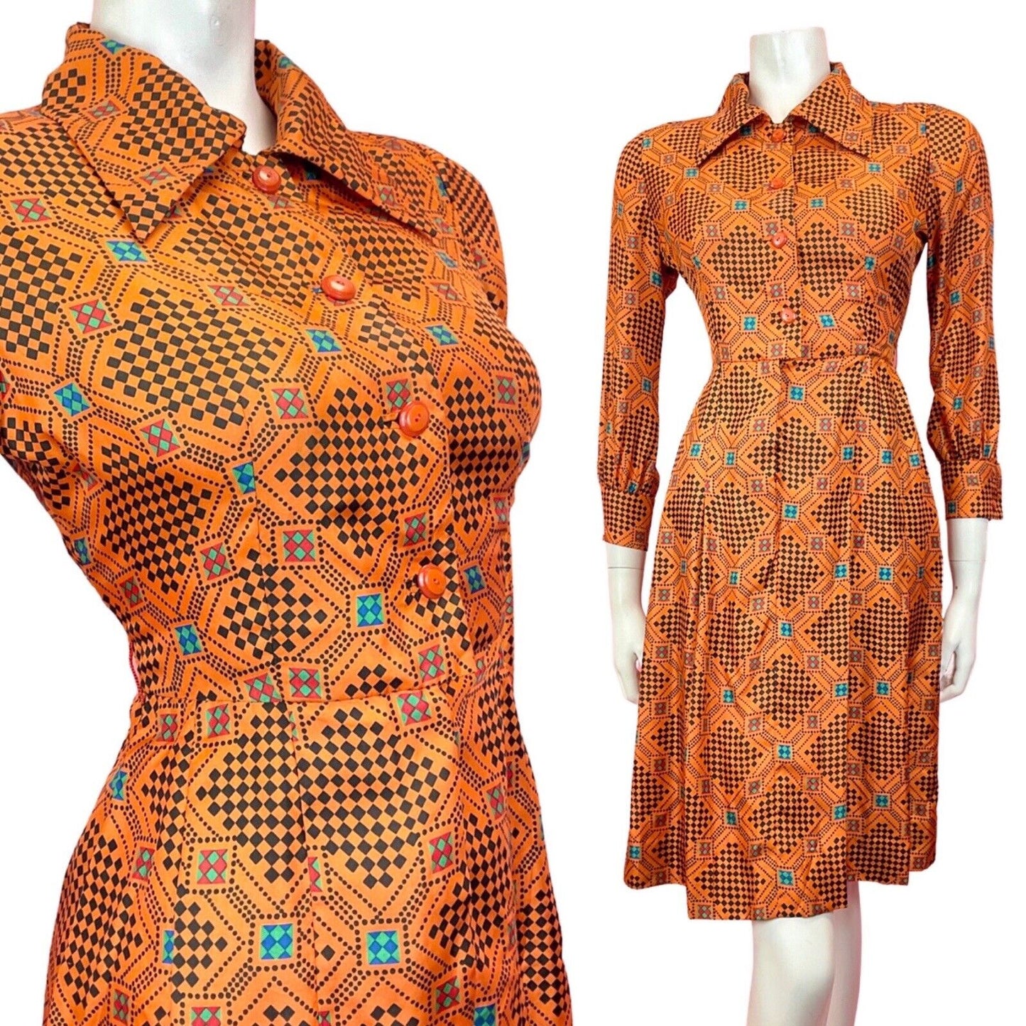 VINTAGE 60s 70s ORANGE BLACK GREEN CHECKERBOARD GEOMETRIC MOD DAGGER SHIRT 8 10