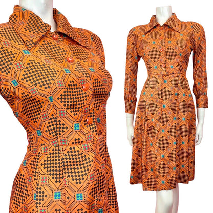 VINTAGE 60s 70s ORANGE BLACK GREEN CHECKERBOARD GEOMETRIC MOD DAGGER SHIRT 8 10