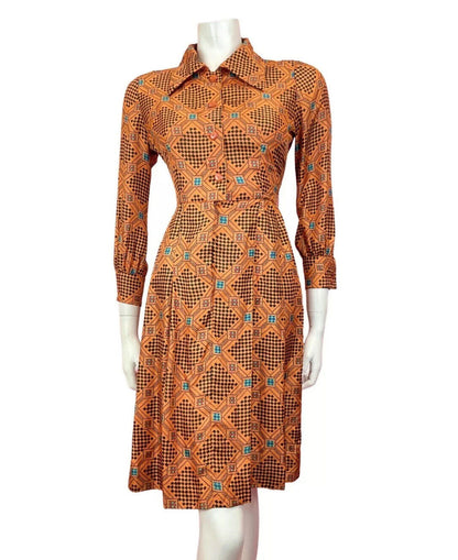 VINTAGE 60s 70s ORANGE BLACK GREEN CHECKERBOARD GEOMETRIC MOD DAGGER SHIRT 8 10