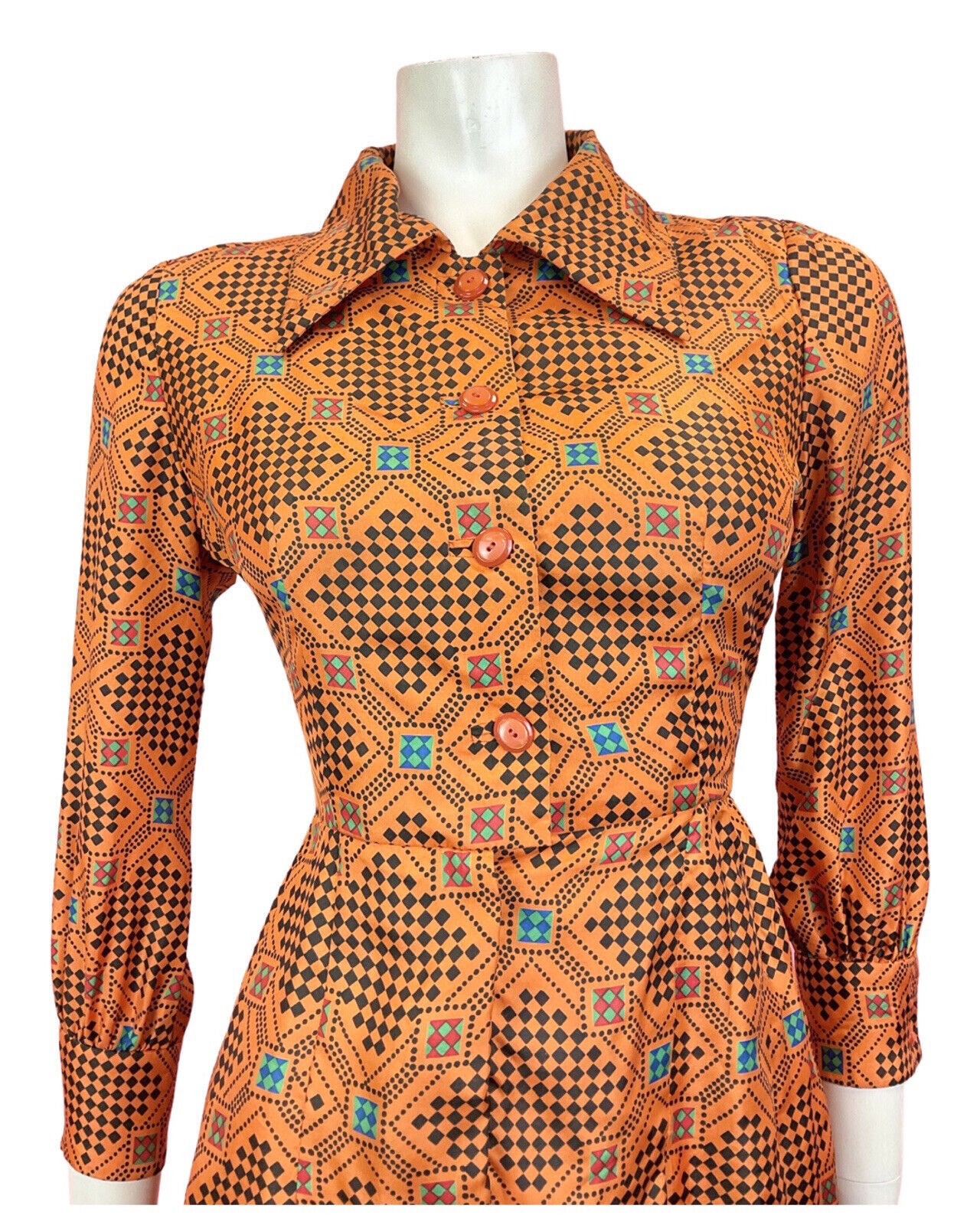 VINTAGE 60s 70s ORANGE BLACK GREEN CHECKERBOARD GEOMETRIC MOD DAGGER SHIRT 8 10