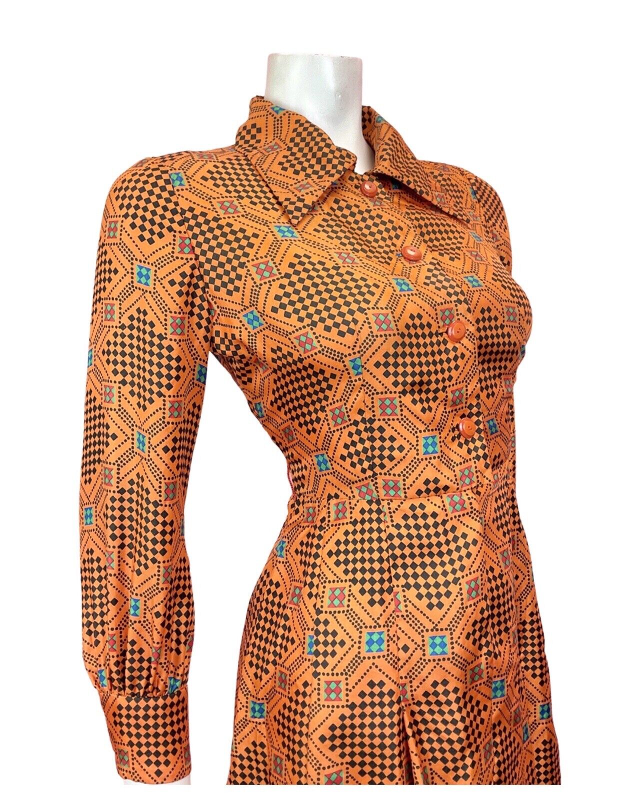 VINTAGE 60s 70s ORANGE BLACK GREEN CHECKERBOARD GEOMETRIC MOD DAGGER SHIRT 8 10