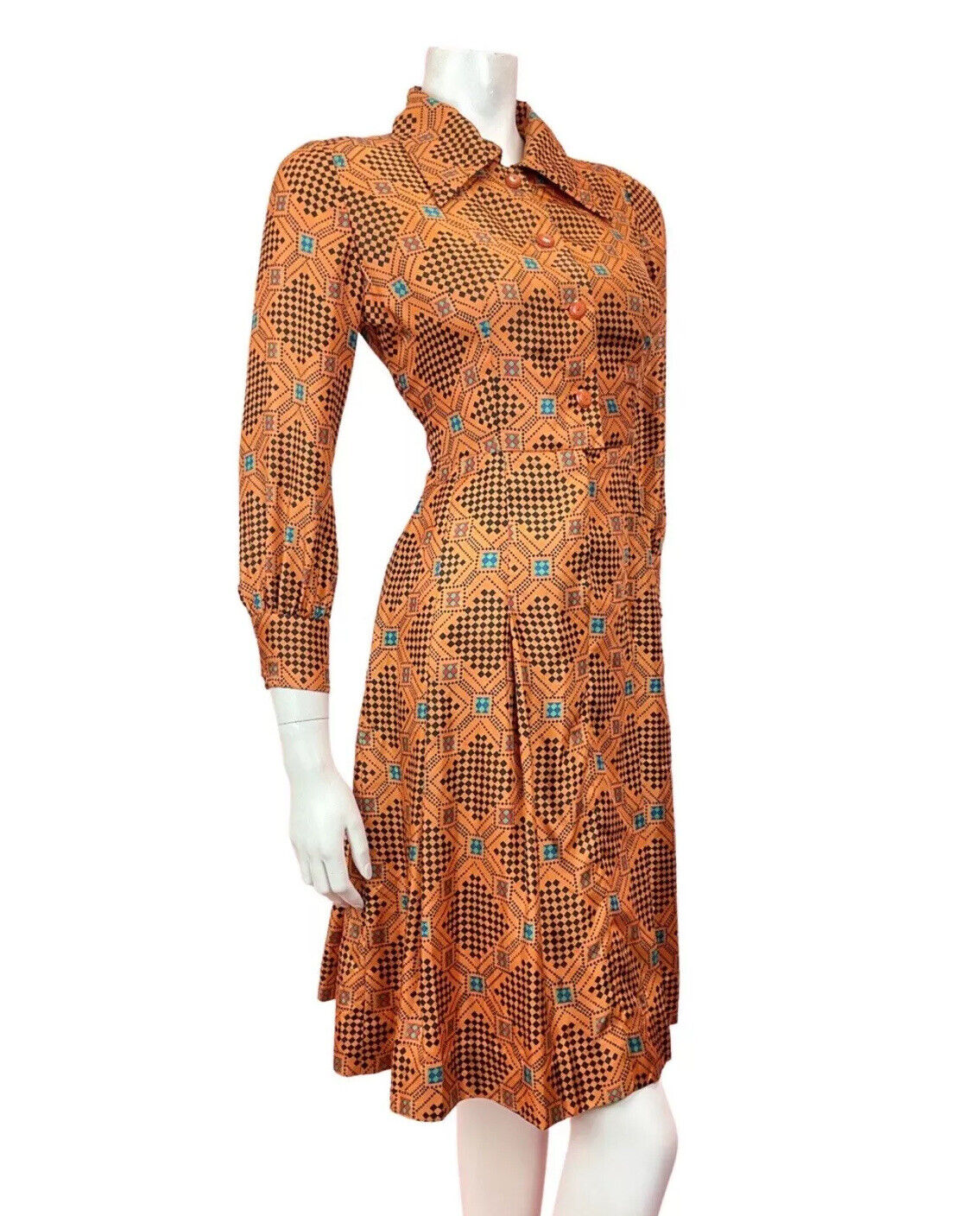 VINTAGE 60s 70s ORANGE BLACK GREEN CHECKERBOARD GEOMETRIC MOD DAGGER SHIRT 8 10