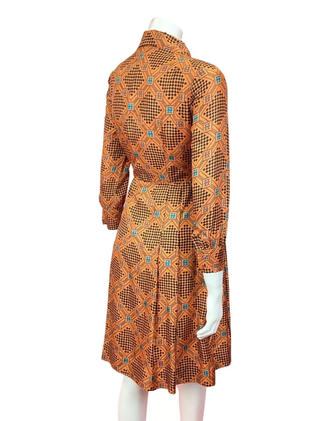 VINTAGE 60s 70s ORANGE BLACK GREEN CHECKERBOARD GEOMETRIC MOD DAGGER SHIRT 8 10