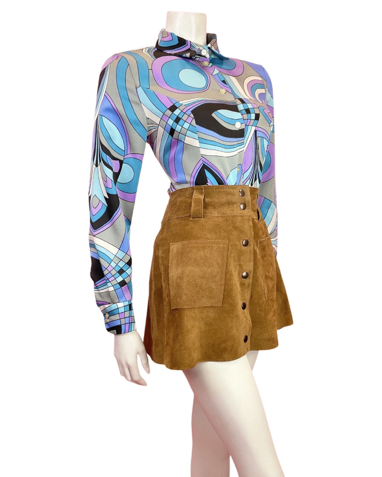 VTG 60s 70s SILVER BLUE PURPLE BLACK PSYCHEDELIC SWIRLY MOD BLOUSE SHIRT 12 14