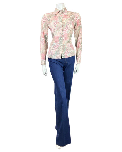 VINTAGE 60s 70s PINK GREY WHITE PSYCHEDELIC FLORAL MOD SPOON COLLAR SHIRT 12 14