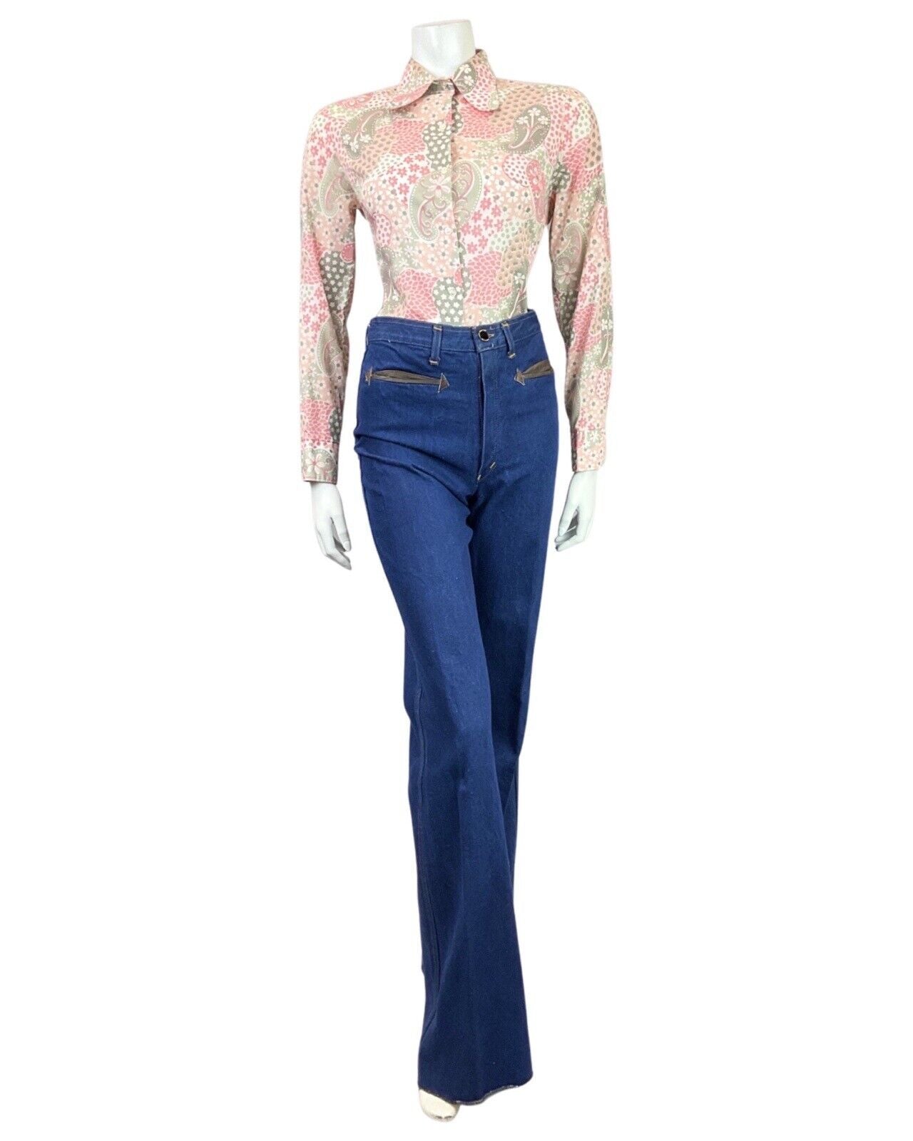 VINTAGE 60s 70s PINK GREY WHITE PSYCHEDELIC FLORAL MOD SPOON COLLAR SHIRT 12 14